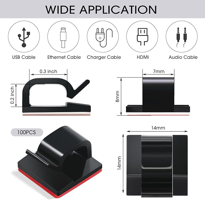 Hicarer 100 Pcs Christmas Light Clips Adhesive Hooks for Outdoor String Cable Wire Clips Adhesive Wire Management Cord Holder for The Wall, Under Desk, Car, Home and Office (Medium, Black and Red)
