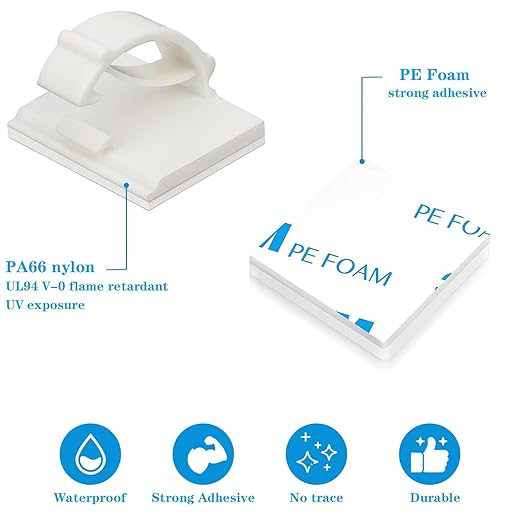 Adhesive Cable Holder Management Wire Clips 50 Pcs White，Suitable for Cables with a Diameter of ≤ 6mm in Cars, Houses, and Offices