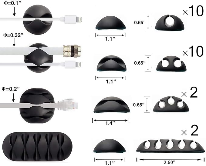 OHill Desk Cable Management Cord Organizer, 24 Pack Black Self Adhesive Cord Holder Cable Clips, Ideal Cable Organizer Wire Keeper for Desk, Nightstand, Phone Charger, Computer, Home, Office, Car