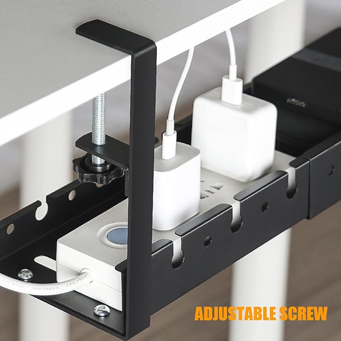 No Drilling Extendable Under Desk Cable Management, Metal Cable Tray Under Desk with Clamp, Retractable Power Strip Cord Holder for Wire