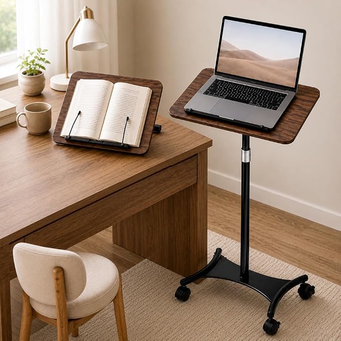 2-in-1 Rolling Book Stand, Floor & Desktop Book Holder for Heavy Books | Hands-free read | Lockable wheels | Cozy movable study setup | Up to 57 in | One stand, two ways to use | 360° Rotating Panel