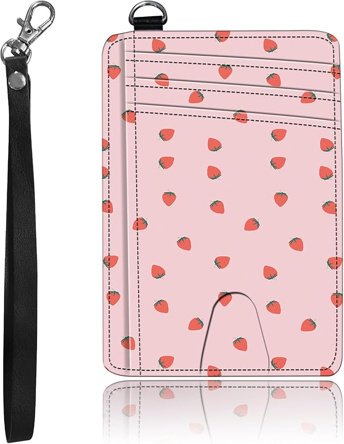 Slim Minimalist Front Pocket Wallet,Credit Card Holder Wallet for Women Men,RFID Blocking Credit Card Holder Case Leather Cute Small Thin Wallet ID Window&Wrist Strap,Cute Pink Strawberry