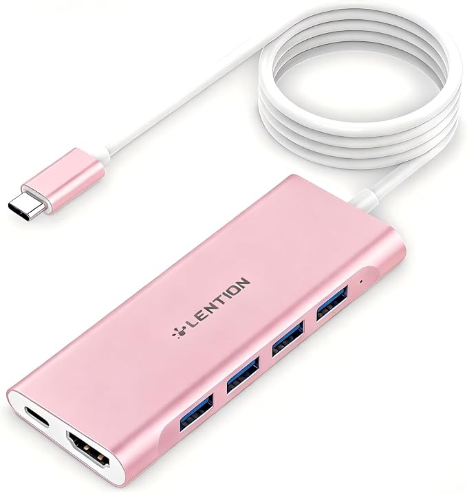 LENTION 3.3FT Long Cable USB C Hub with 4K HDMI, 100W PD Charging, 4 USB 3.0 Port & LED Indicator for MacBook Pro/Air, Dell XPS, HP, Chromebook, More, Stable Driver Adapter (C35-1M, Rose Gold)