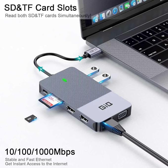 USB Docking Station GIQ USB C HUB USB 3.0 to Dual HDMI VGA Adapter Triple Display USB C Laptop Docking Station Dual Monitor HDMI Splitter Extender Compatible with MacBook M1 M2 M3 M4 M5 USB Dock