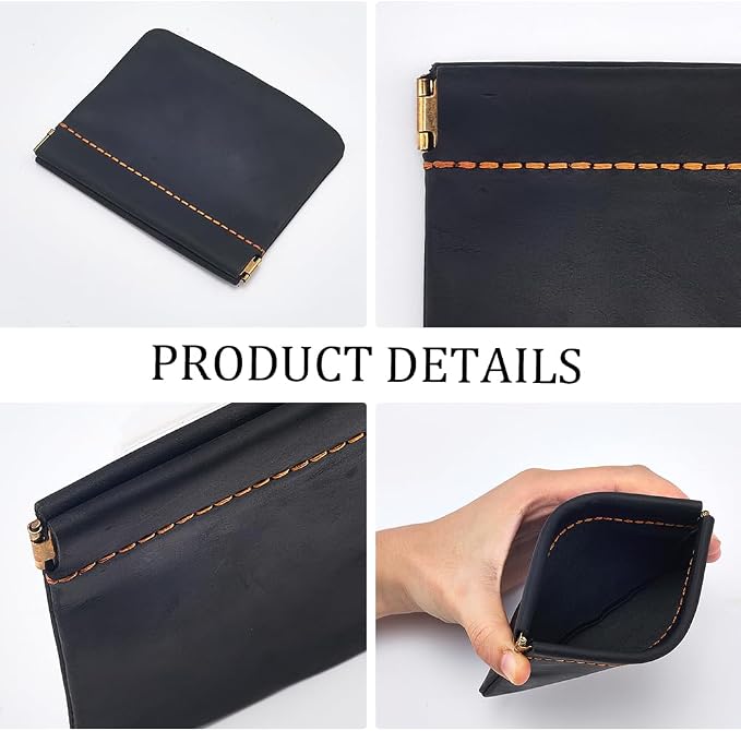 4.72 x 4.02 Inch Genuine Leather Squeeze Coin Purse Pouch Crazy Horse Leather Small Makeup Bag for Purse Snap Closure Organizer Pouch Mini Self-Closing Lipstick Pouchic for Women Men(Black)