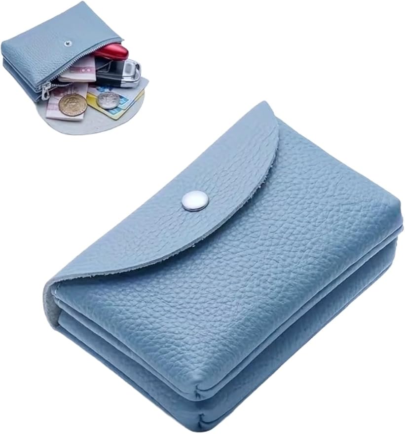 Genuine Real Leather Coin Purse Small Wallet for Women Men, Card Holder Case, Jewery Lipstick Organizer (Sky Blue)
