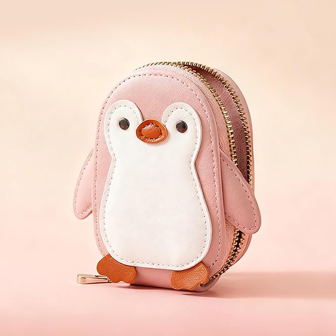 Cute Cartoon Penguin-shaped Coin Purse PU Leather Accordion Card Holder Large Capacity Zippered Money and Card Organizer Portable Mini Coin Purse (pink)