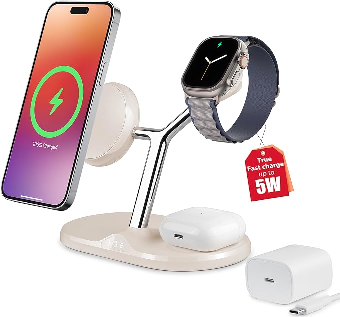 3 in 1 Wireless Charging Station for Apple Devices with MagSafe | Charging for iPhone 17/Air/16/15/14/13, AirPods, Apple Watch, Weighted Stable Charging Stand, USB-C Adapter Included