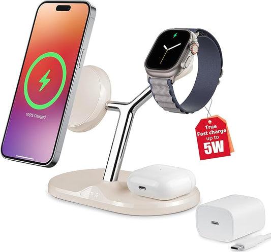 3 in 1 Wireless Charging Station for Apple Devices with MagSafe | Charging for iPhone 17/Air/16/15/14/13, AirPods, Apple Watch, Weighted Stable Charging Stand, USB-C Adapter Included