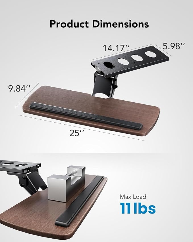 HUANUO Keyboard Tray Under Desk, 360 Adjustable Ergonomic Sliding Keyboard & Mouse Tray, Under Desk Keyboard Tray Slide Out, Keyboard Holder Under Desk for Typing in Home, Office Work, 25"W x 9.84"D