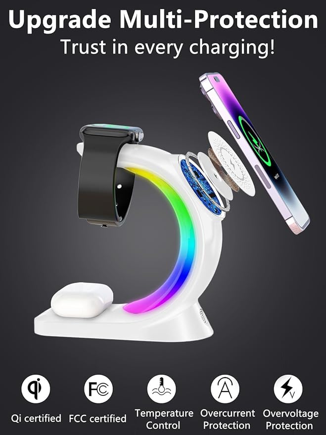 Mag-Safe 3 in 1 Wireless Charging Station, [6-Color RGB Light] 15W Fast Magnetic Wireless Charger Stand for Multiple Devices Apple, for iPhone 17/Air/16/15 Pro Max, for iWatch 2 to 9