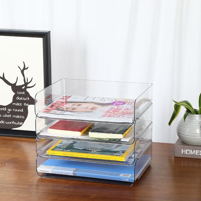 4 Tier Stackable A4 Paper Trays, Office Desk File Holder, Tidy File Document Letter Book Paper Organizer (4 Tiers,Clear)