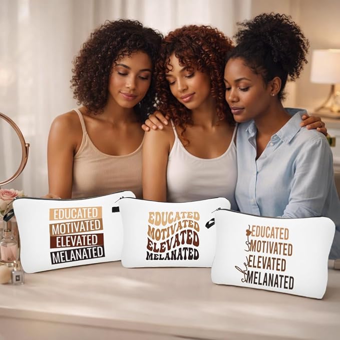 Black Girl Makeup Bag – Educated Motivated Elevated Melanated Cosmetic Bag Set of 3, Inspirational Travel Toiletry Pouch for Women, College Student Gift, Black Excellence Organizer