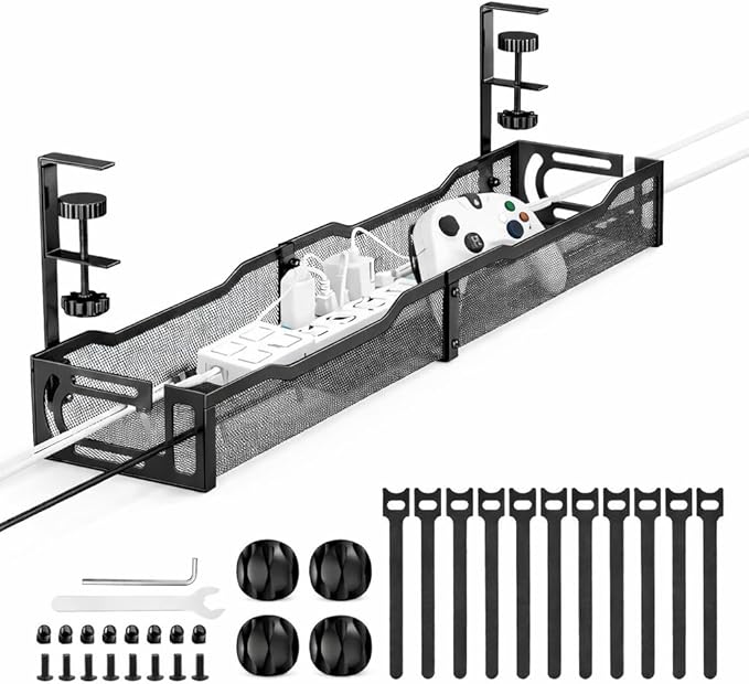 Under Desk Cable Management Tray – 25” Metal Cable Organizer with Clamp Mount, No Drill Wire Management Rack for Office & Home Desk (Black)