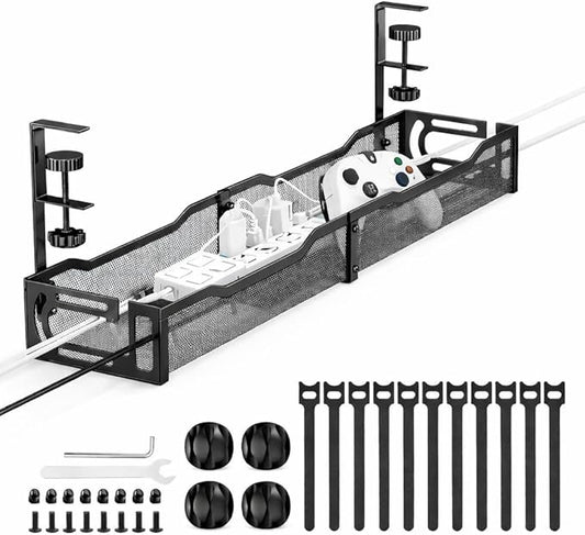 Under Desk Cable Management Tray – 25” Metal Cable Organizer with Clamp Mount, No Drill Wire Management Rack for Office & Home Desk (Black)
