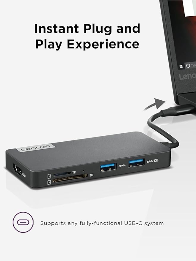 Lenovo ??USB-C 7-in-1 Hub ??Computer Networking Laptop Accessory ??Laptop Docking Station - 4K via HDMI, 3 USB-A devices, 2 SD/TF Card Readers USB-C Power Pass Through