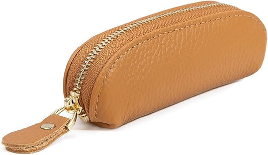 Full Grain Leather Coin Pouch - Travel Small Coin Purse with Zipper - Mini Key Pouch Change Purse for Women and Men (Brown)