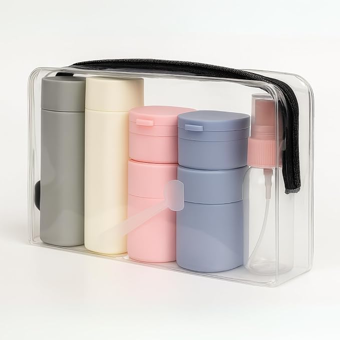9pc Travel Toiletry Containers Bottles Jars Set Leakproof Cream Dispenser w/Carry Bag TSA Approved Refillable for Airplane Travel, Gym (Mix A)