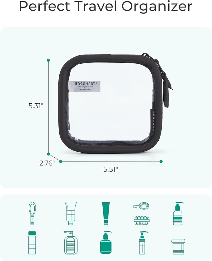 BAGSMART Mini Clear Makeup Bag for Women Portable Travel Toiletry Bag, Cute Small Water-ResistantCosmetic Bag TSA Approved Clear Makeup Case Pouch with Zipper for Car Essentials(Black)