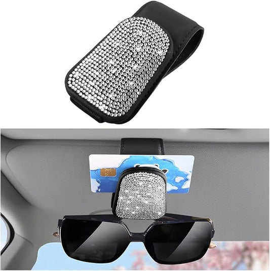 HZEL Bling Sunglass Holder for Car Sun Visor, Magnetic Leather Crystal Rhinestones Vehicle Eyeglasses Visor Clip, Diamond Automotive Glasses Hanger Mount, Universal for SUV RV Truck (Black/White)