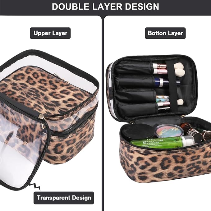 FITINI Makeup Bags Double Layer Travel Large Cosmetic Cases Organizer Toiletry Bags Waterproof Small Zipper Pouch for Women Makeup Brush Storage Bag,Brown Leopard