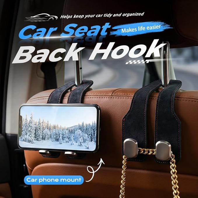 2026 New Headrest Hooks for Car, Car Seat Back Storage Hook, Leather Seat Back Storage Hook Organizer, Twin Hook Design Heavy Duty Holder for Purse, Bags, Handbag, Grocery, Umbrella (2, Carbon Fiber)