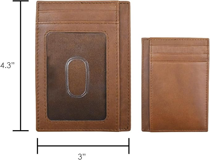 ili New York Genuine Leather Slim RFID Card Holder for Men - 7 Slots, Clear ID Window with Thumb Slide, Compact 4.5" x 3", Minimalist Credit Card Holder for Front or Back Pocket - Antique Saddle