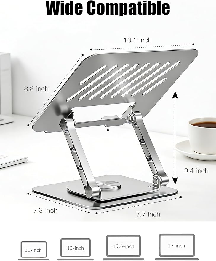 Adjustable Computer Stand with 360 Rotating Base, Ergonimic Foldable Laptop Riser for Desk Compatible with MacBook Pro/Air Notebook up to 16 Inches, Silver