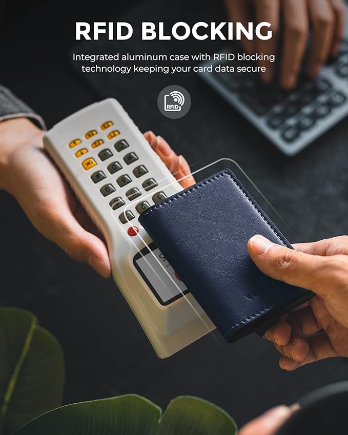 VULKIT Credit Card Holder RFID Blocking Leather Automatic Pop Up Wallet Aluminum Pocket Business Card Case