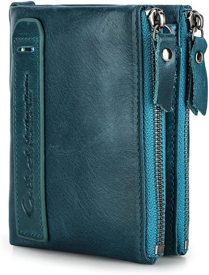 CONTACTS Womens Bifold Wallet Leather Small Zipper Coin Purse for Women Fashion Card Holder with ID Window (Peacock Blue)
