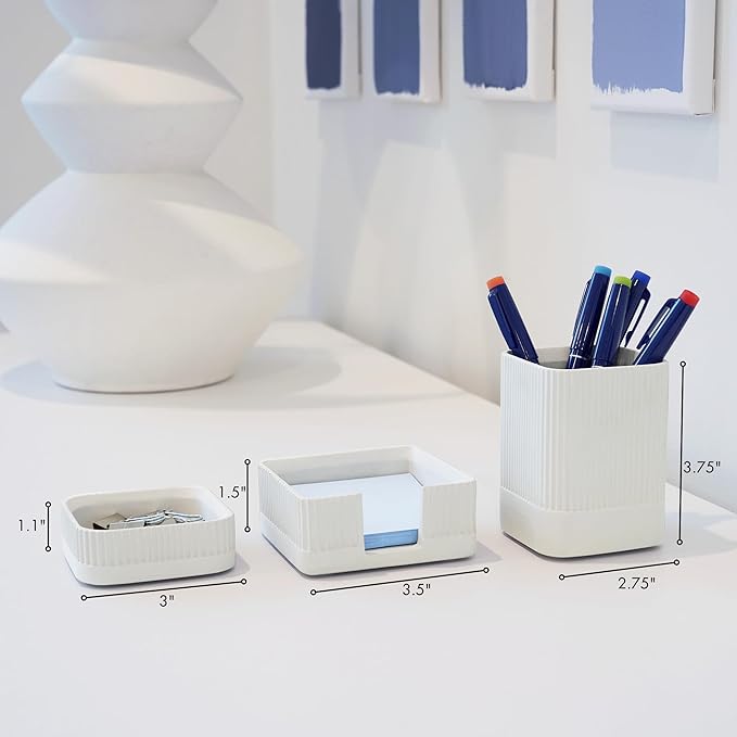 Aesthetic Desk Organizer Set of 3 For Your Office - Sturdy Concrete Desktop Accessories For Women or Men Enhance Any Office Decor - Set incl. Pen Holder, Paperclip Storage and Sticky Note Holder