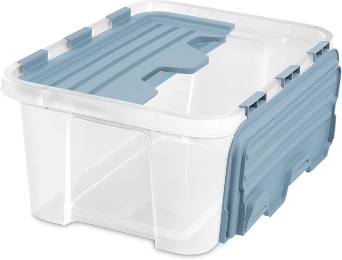 Sterilite 12 Pack Hinged Lid Storage Box, 20 Qt Plastic Container, Washed Blue - Home Organizer Tote for Storing Shoes, Crafts, Clothing, or Decor
