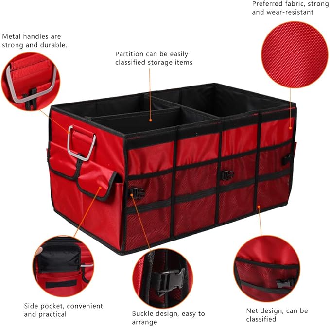 Car Trunk Organizer Collapsible Portable Multi Compartments Organizer with Non Slip Straps for SUV Truck Auto Vehicle Car Auto Minivan (Large without cover, Red)