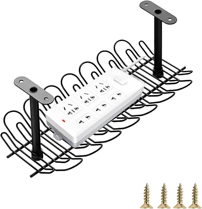 1 Pack Cable Management Tray, 14 Inches Under Desk Cable Holder for Wire Organization, Heavy Metal Cord Organizer Ideal for Computer Home Office Standing Desks to Hide Power Strips (Black)