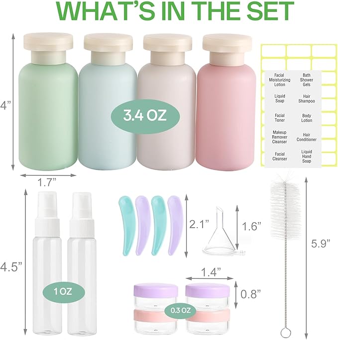 18 Pack Travel Bottles for Toiletries, TSA Approved Leak Proof Refillable Plastic Travel Containers, BPA Free Travel Essentials for Shampoo Conditioner Lotion Liquids, Airport Carry On Accessories