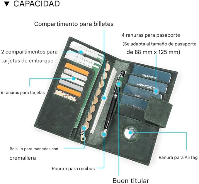 CONTACTS Full Grain Leather RFID Blocking Family Passport Holder for 4 Passport Wallet Compatible with Airtag Travel Passport Cover with 4 Passport Slot, 6 Card Slot (Green)
