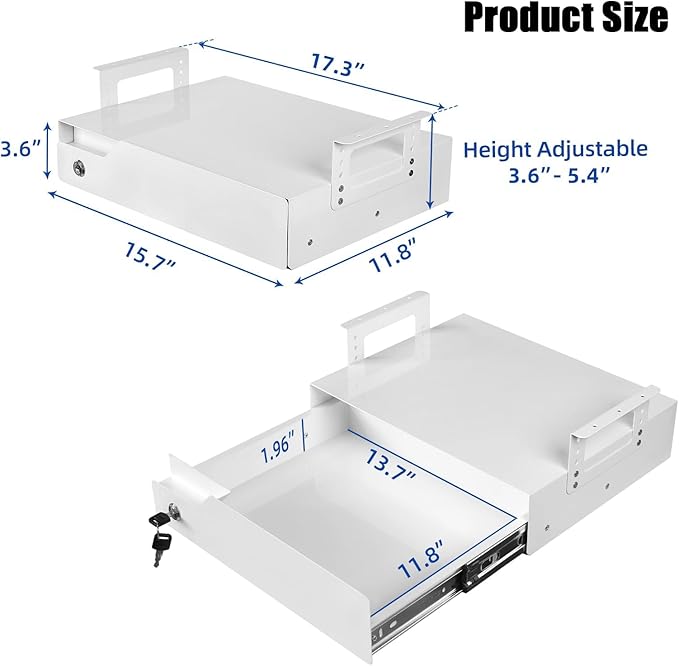 Under Desk Drawer Storage with Lock, Metal Undermount Table Drawer, Ball Bearing Slides Out Tray Organizer for Paper, Pencil, and Laptop 17.3"x11.8"x5.4", White with Adjustable Brackets
