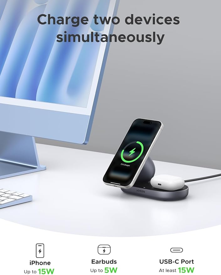 UGREEN Qi2 15W Wireless Charger 2-in-1, MagSafe Compatible Fast Charging Stand for iPhone 17 16 15 14 13 12 Series and AirPods, Fixed Viewing Angle, Compact Desktop Charging Station