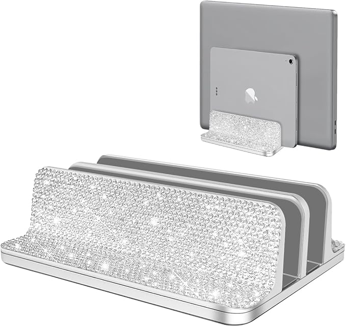 Bling Vertical Laptop Stand, Double Desktop Stand Holder with Adjustable Dock (Up to 17.3 inch),Compatible with All MacBook/Surface/Samsung/HP/Dell/Chrome Book (Silver Glitter Rhinestones)
