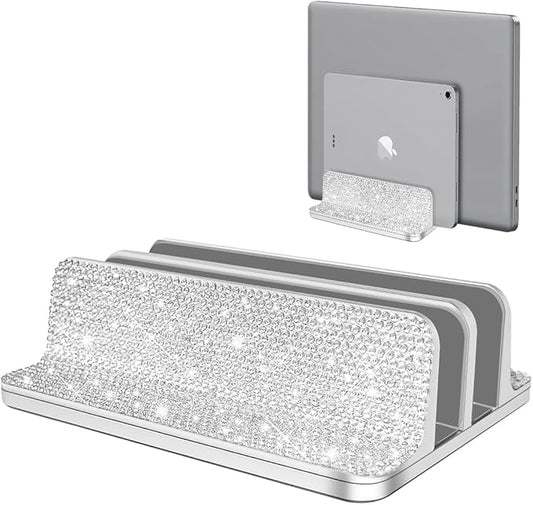 Bling Vertical Laptop Stand, Double Desktop Stand Holder with Adjustable Dock (Up to 17.3 inch),Compatible with All MacBook/Surface/Samsung/HP/Dell/Chrome Book (Silver Glitter Rhinestones)