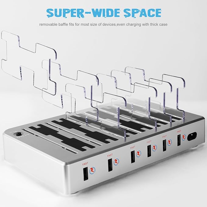 Charging Station for Multiple Devices, 6 Ports Multi Devices USB Charger Fast Cell Phone Charging Station for iPhone iPad Tablet (Silver, 6 Mixed Cables Included)