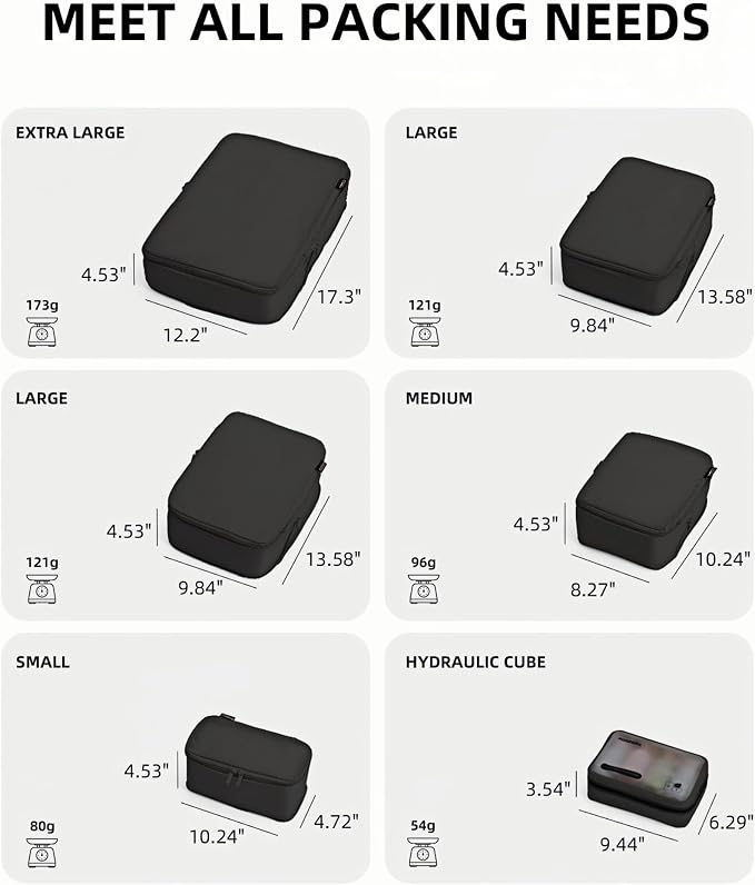 6 Set Compression Packing Cubes for 7–14 Day Travel, Jet Black | Nylon Oxford Fabric, Full Breathable Mesh, Reinforced Double-Zipper, Small to Large Size Bag, Expandable Packing System