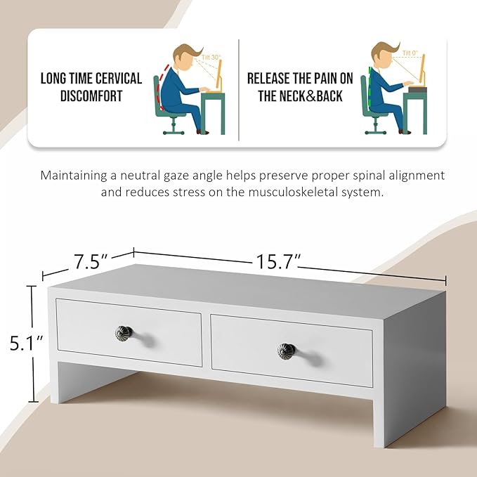 WELLAND Monitor Stand Riser with Drawers, Computer Monitor Stand, Desktop Organizer Stand for Laptop, PC, Office Supplies, White