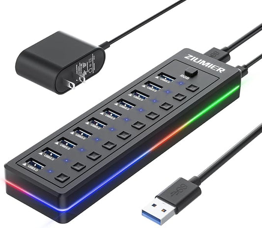 Powered USB Hub, 10-Port USB 3.0 Hub with RGB LED Strip -5Gbps Data Transfer,Individual LED On/Off Switches and 12V/2A Power Adapter for Laptop, PC, Mouse, Keyboard, Hard Drive or More USB Devices.