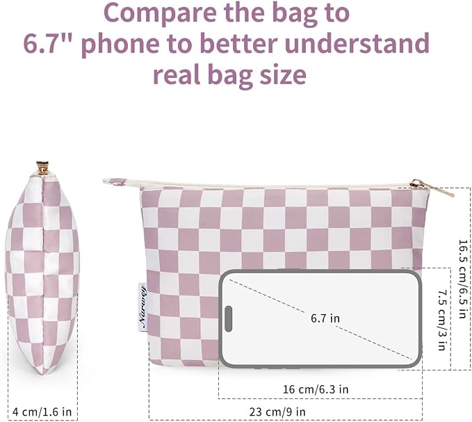 Narwey Small Checkered Makeup Bag for Purse Small Cosmetic Bag Women Travel Makeup Pouch Zipper Pouch (Dusty Rose Checkerboard)