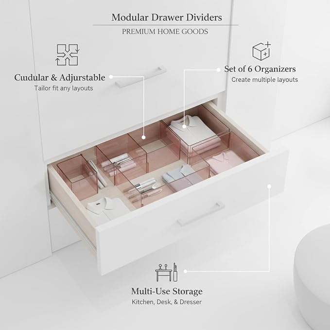 Modular Drawer Dividers Set of 6, Adjustable PP Plastic Organizers for Desk, Kitchen, and Dresser Drawers, 12.6 x 9.4 x 2.4 Inches (Set of 6)