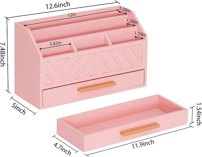 Pink Wood Desk Organizer and Accessories with Drawer, Bill Mail Organizer and File Mail Holder for Office Supplies, Modern Desk Accessories & Workspace Organizers for Desk Organization