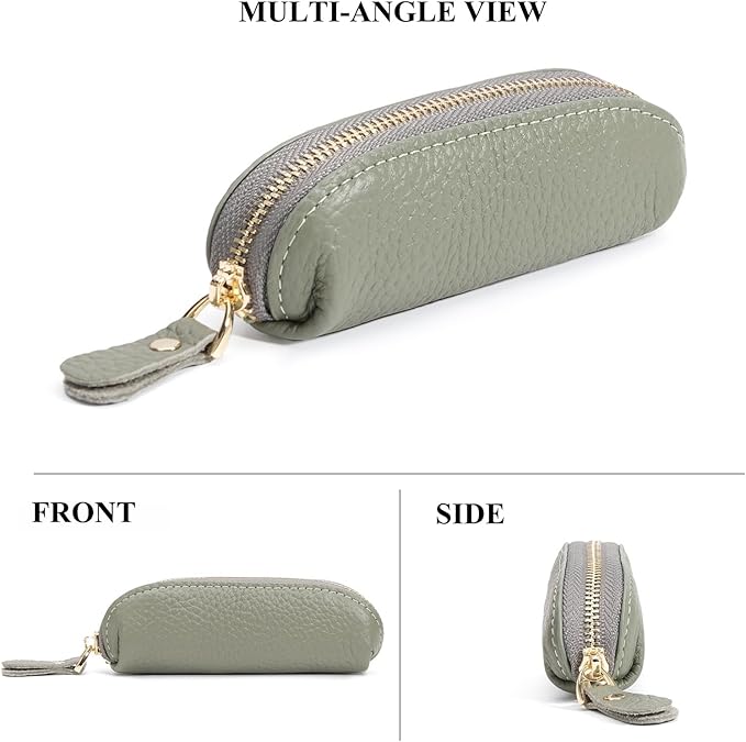 Full Grain Leather Coin Pouch - Travel Small Coin Purse with Zipper - Mini Key Pouch Change Purse for Women and Men (Sage Green)