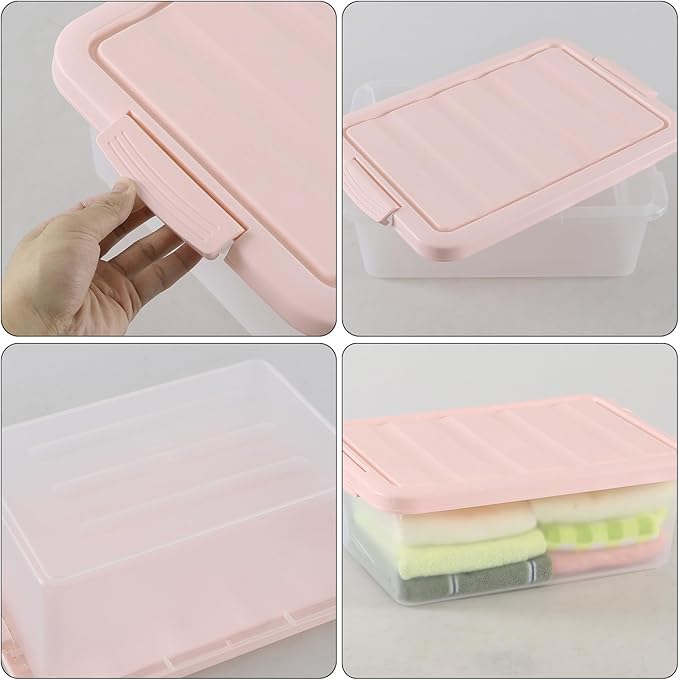 Wekioger Set of 2 Versatile Organizer Bins with Pink Lids, 14 Quart Plastic Latching Storage Box