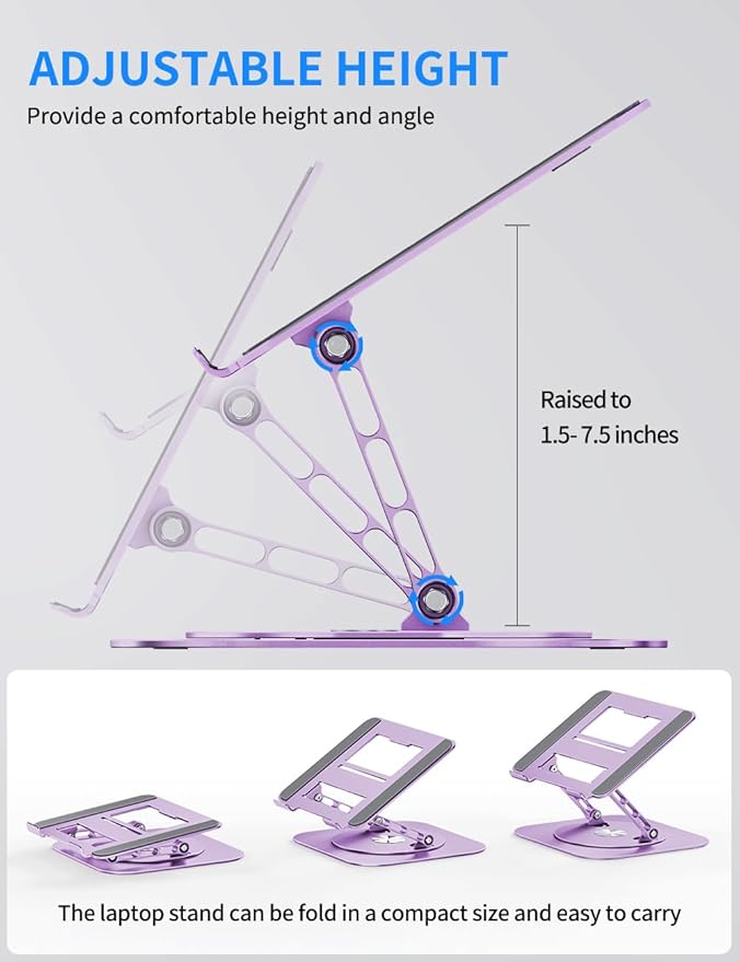 AOEVI Adjustable Laptop Stand with 360 Rotating Base, Computer Ergonimic Foldable Laptop Riser for Desk Compatible with MacBook Pro/Air Notebook up to 16 Inches, Purple